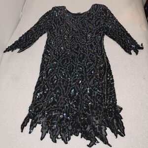 Vintage Art Deco Sequin Party Dress MIDI 100% Silk Goth Mermaid '90s Size Med
